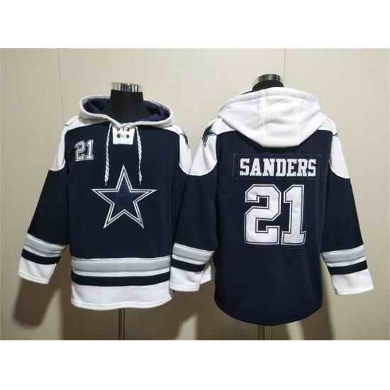 Men Dallas Cowboys 21 Deion Sanders Navy Ageless Must Have Lace Up Pullover Hoodie